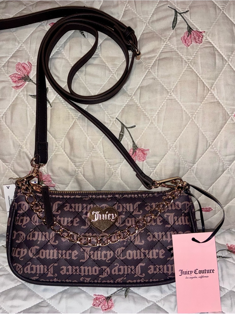 Juicy Couture Brown and Gold Logo Chain Crossbody Bag